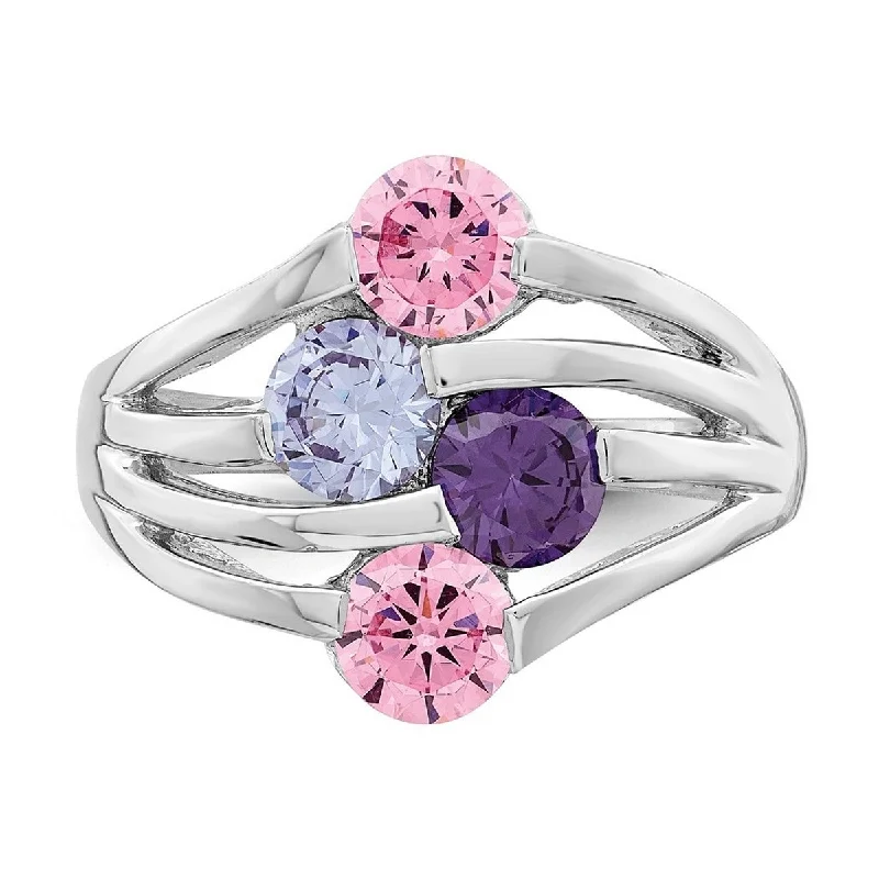 Curata 925 Sterling Silver Rhodium Plated Pink and Purple CZ Cubic Zirconia 4 Bar Ring