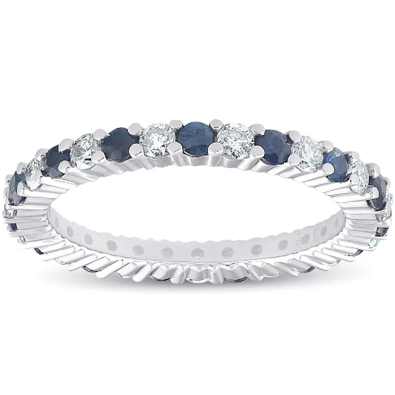 1 cttw Blue Sapphire Diamond Wedding Eternity Ring 10k White Gold