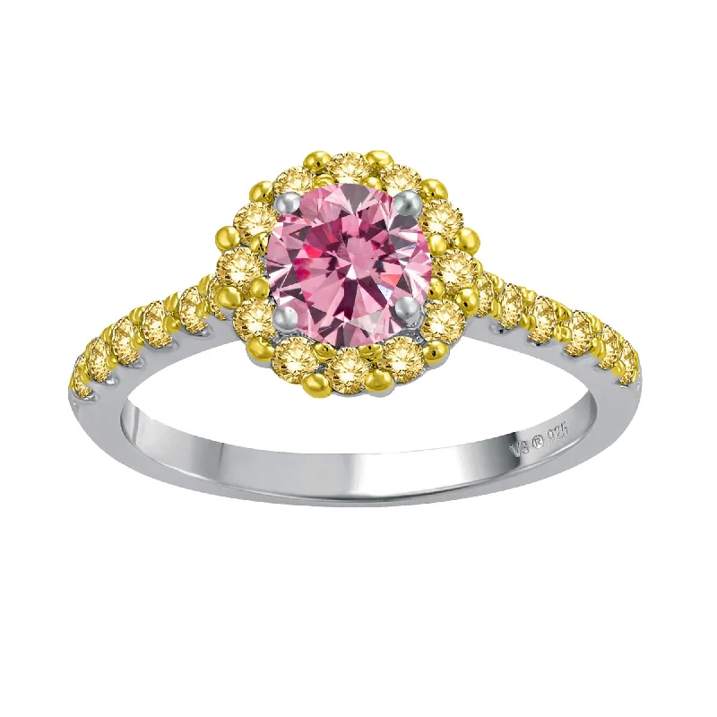 Sterling Silver with Pink Moissanite and Yellow Sapphire Halo Ring