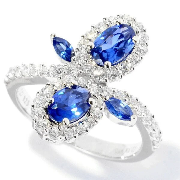 Platinum over Silver Blue and White Cubic Zirconia Flower Ring