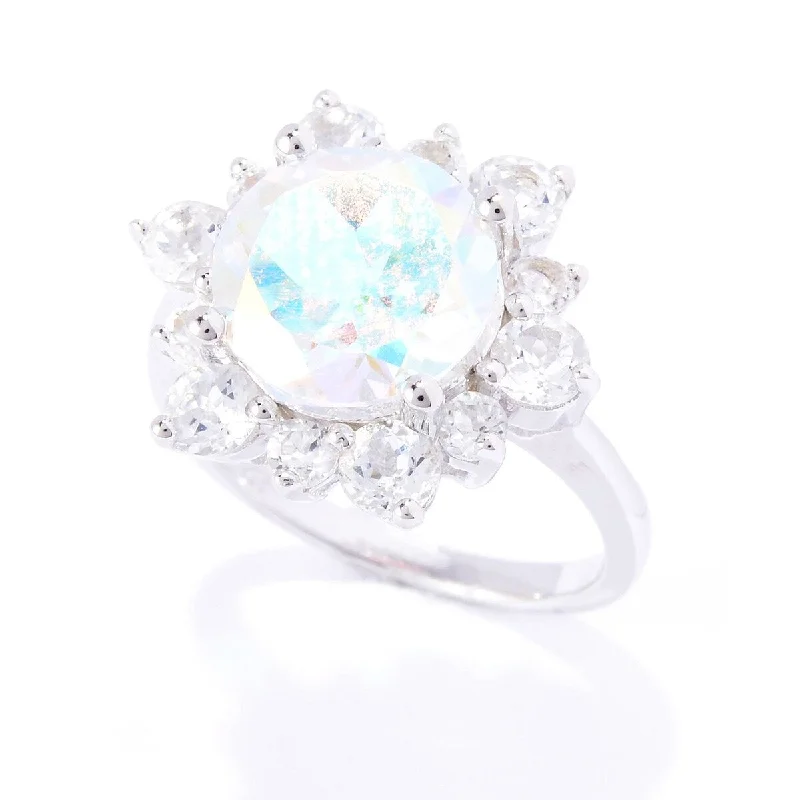 Sterling Silver Opalescent And White Topaz Flower Cocktail Ring