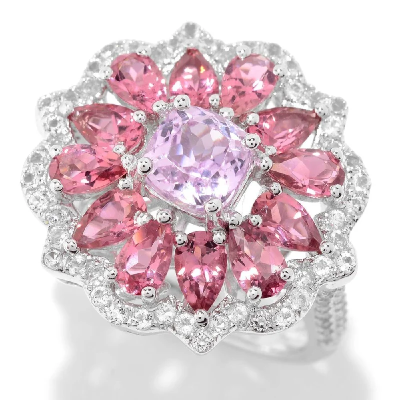 Sterling Silver Kunzite, White Topaz, and Toumaline Flower Ring