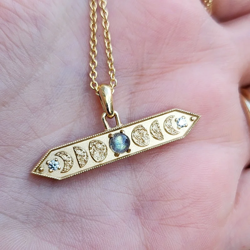 Ready to Ship - 14k Yellow Gold Labradorite Horizontal Moon Phase Bar Pendant with Diamonds - Lunar Bohemian Necklace