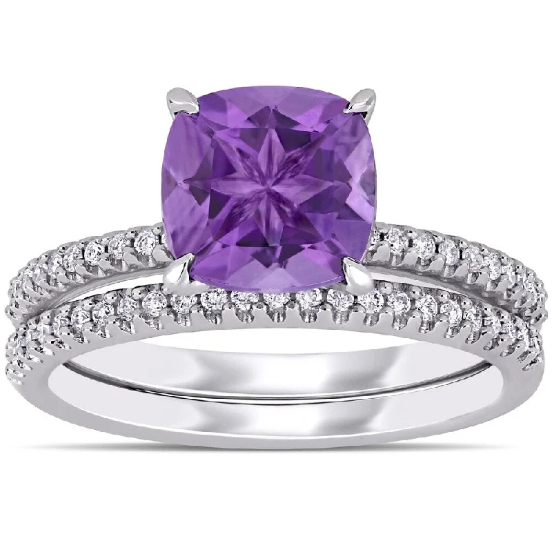 Miadora 14k White Gold Amethyst and 1/4ct TDW Diamond Bridal Ring Set