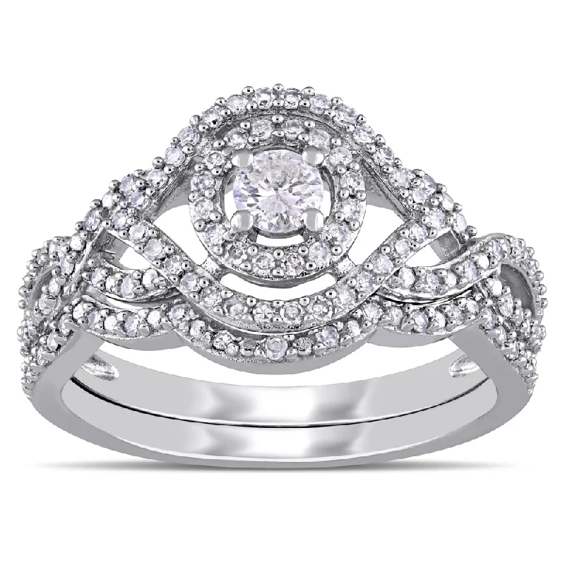 1/2ct TDW Diamond Halo Crossover Bridal Ring Set in 10k White Gold by Miadora