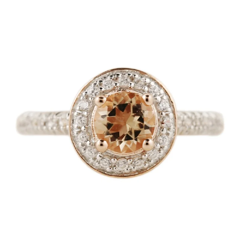 Rose-gold plated Silver Morganite and Natural White Zircon Halo Ring