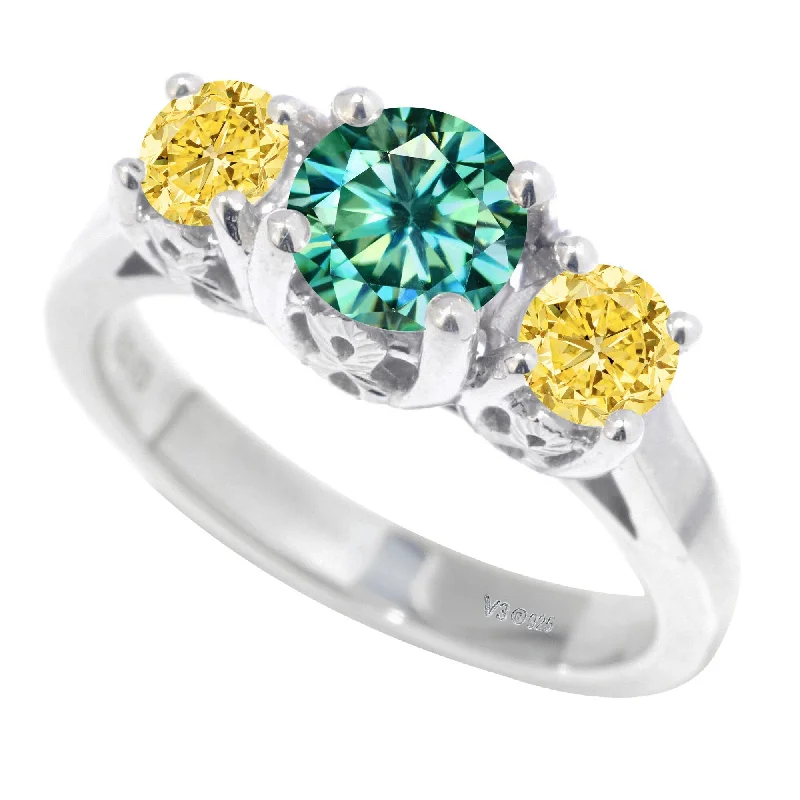 Sterling Silver with Green Moissanite & Yellow Moissanite 3 Stone Ring