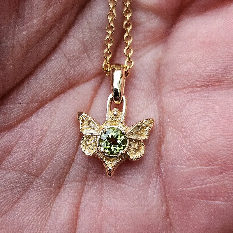 Peridot Butterfly Fairy Pendant 14k Yellow Gold Handmade Nature Inspired Necklace