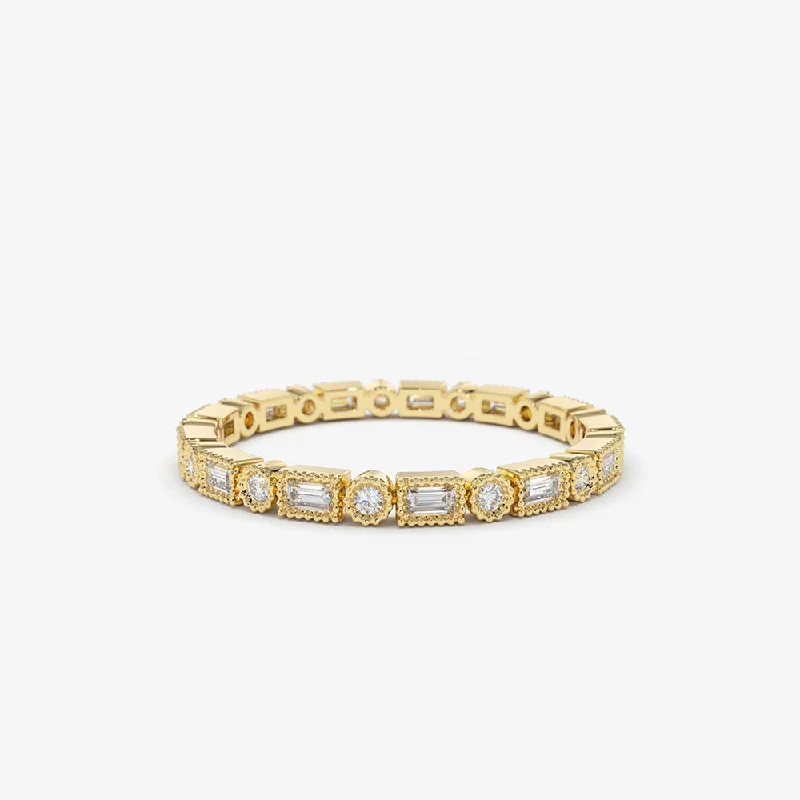 14K Baguette & Round Diamond Milgrain Bezel Full Eternity Ring