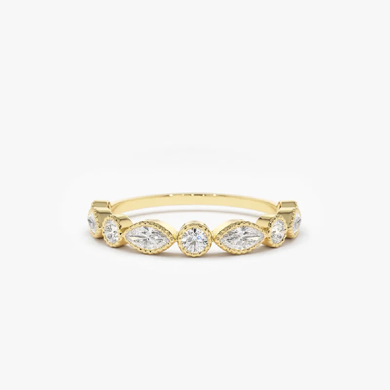 14K Marquise and Round Diamond Milgrain Bezel Setting Ring