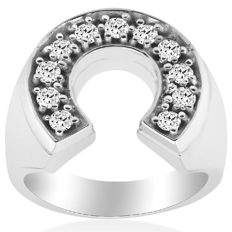 14k White Gold 3/4 ct TDW Diamond Mens Lucky Horsehow Wedding Anniversary Ring