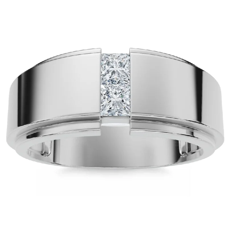 Mens White Gold Princess Cut Diamond Wedding Ring