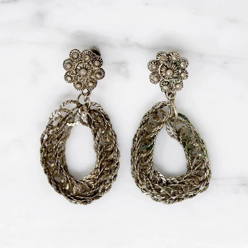 Silver Filigree Flower Earrings with Hoop Drops