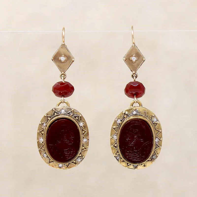 Carnelian Intaglio Drop Earrings with Diamond Accents