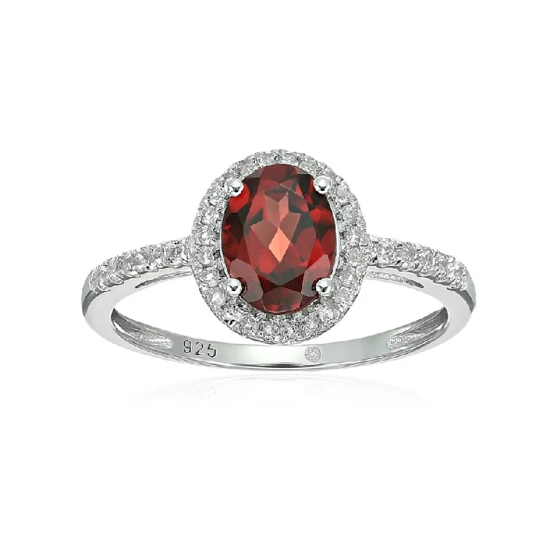 Sterling Silver Oval Garnet and White Topaz Ring