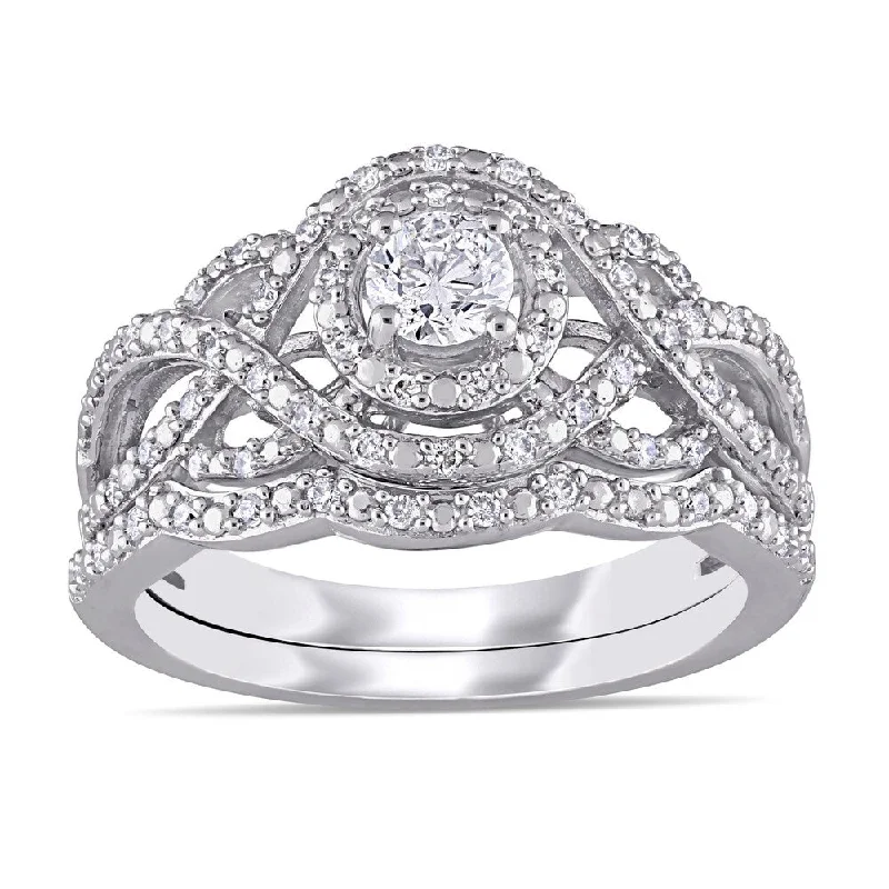 1/2ct TDW Diamond Double Halo Crossover Bridal Ring Set in 14k White Gold by Miadora