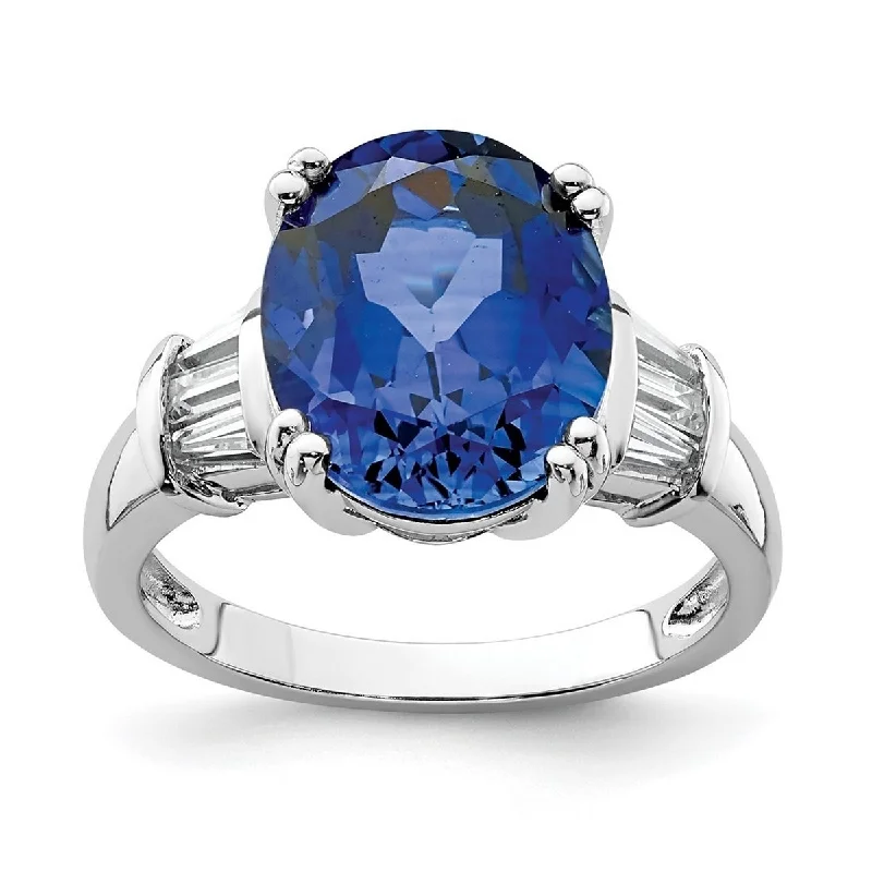 Curata 925 Sterling Silver Rhodium Plated Lab Cr Blue Sapphire and CZ Cubic Zirconia Ring