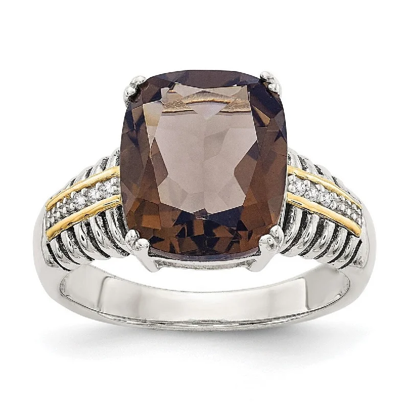 Curata 925 Sterling Silver Polished Prong set Open back 14k Yellow Diamond Smokey Quartz Ring