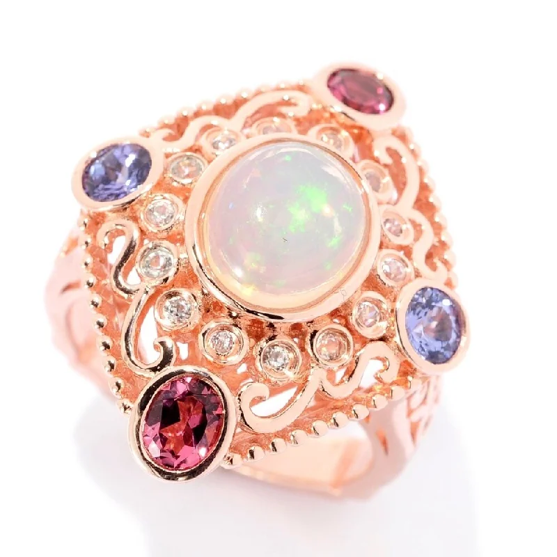 Sterling Silver Ethiopian Opal & Pink Tourmaline Flower Ring