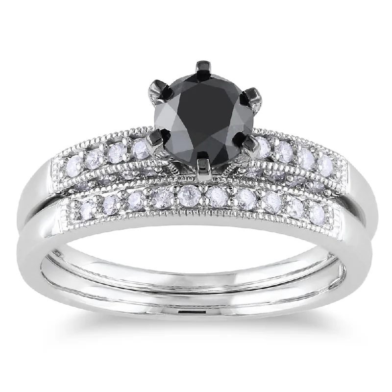 Miadora 10k White Gold 1 1/3ct TDW Black and White Diamond Bridal Ring Set