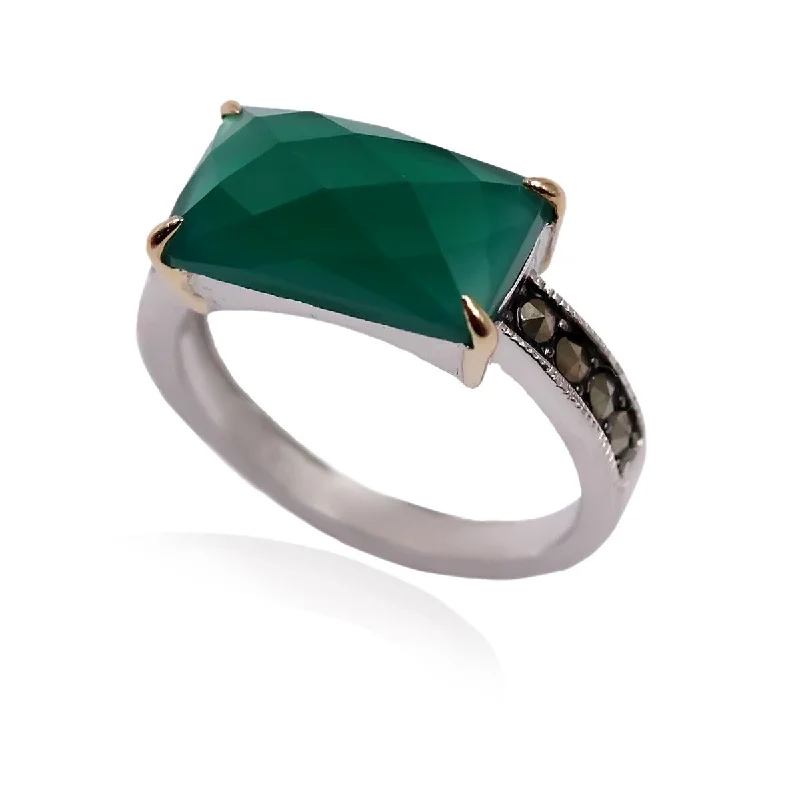 14k Gold and Sterling Silver Green Agate and Marcasite Ring