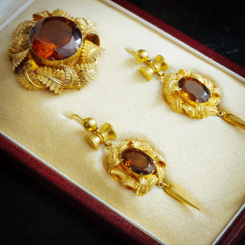 Pristine Victorian Gold Work Citrine Earrings & Brooch