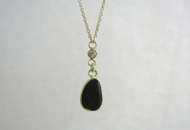 Large Black Pebble & Diamond Drop Necklace