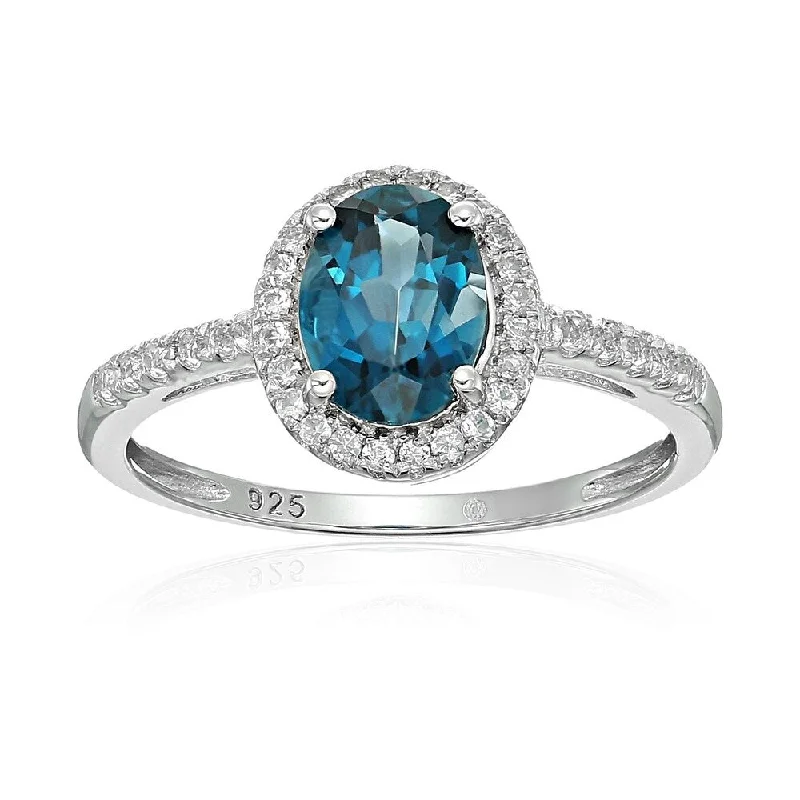 Sterling Silver Oval London Blue Topaz and White Topaz Ring, Size 7