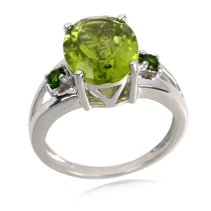 Sterling Silver 925 Peridot and Chrome Diopside 3-Stone Ring