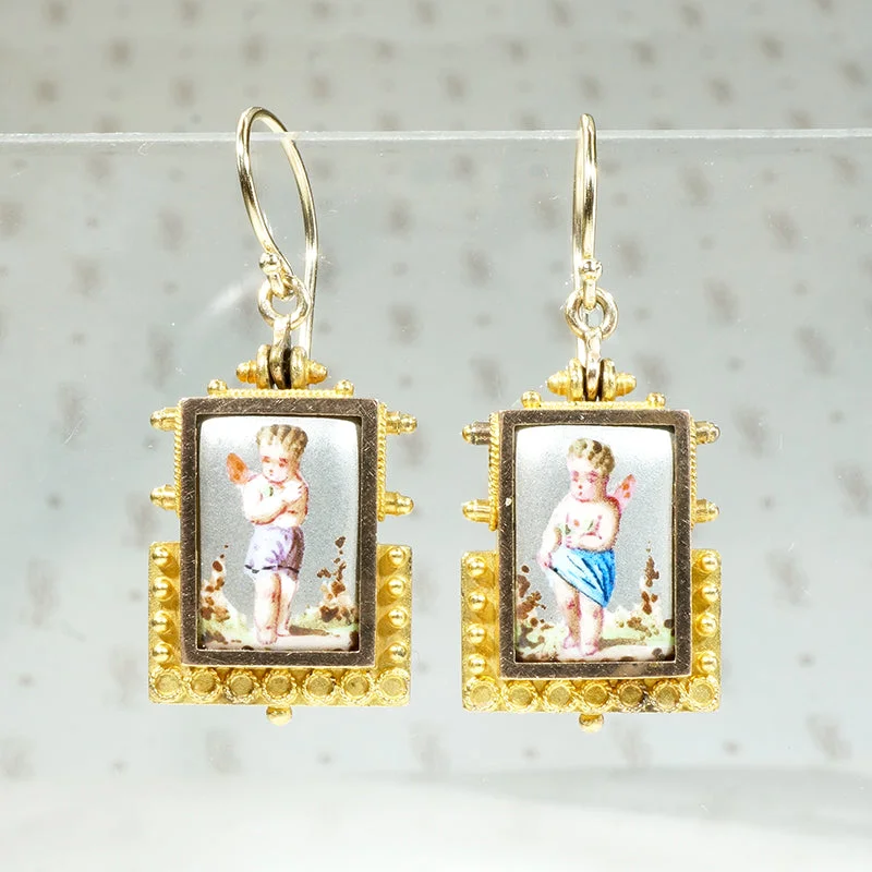 Cupid Earrings in Pastel Enamel & Etruscan Revival Gold Work