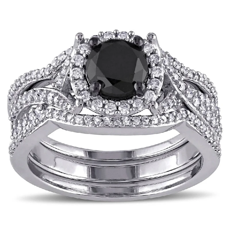 Miadora Signature Collection 10k White Gold 1 1/2ct TDW Black and White Diamond 3-piece Halo Bridal Ring Set (G-H, I2-I3)