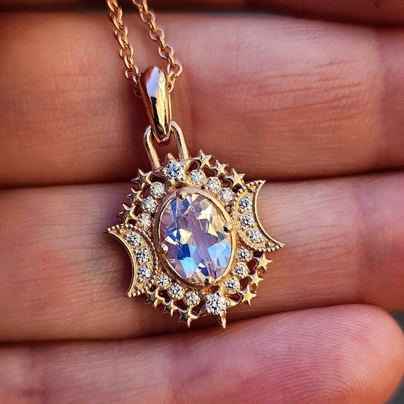 Oval Moonstone 14k Gold Serena Pendant with Diamonds Dreamy Celestial Crescent Moon Goddess Necklace Fantasy Handmade Jewelry