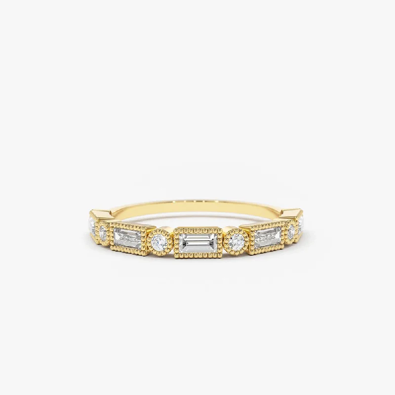 14K Gold Baguette and Round Diamond Ring