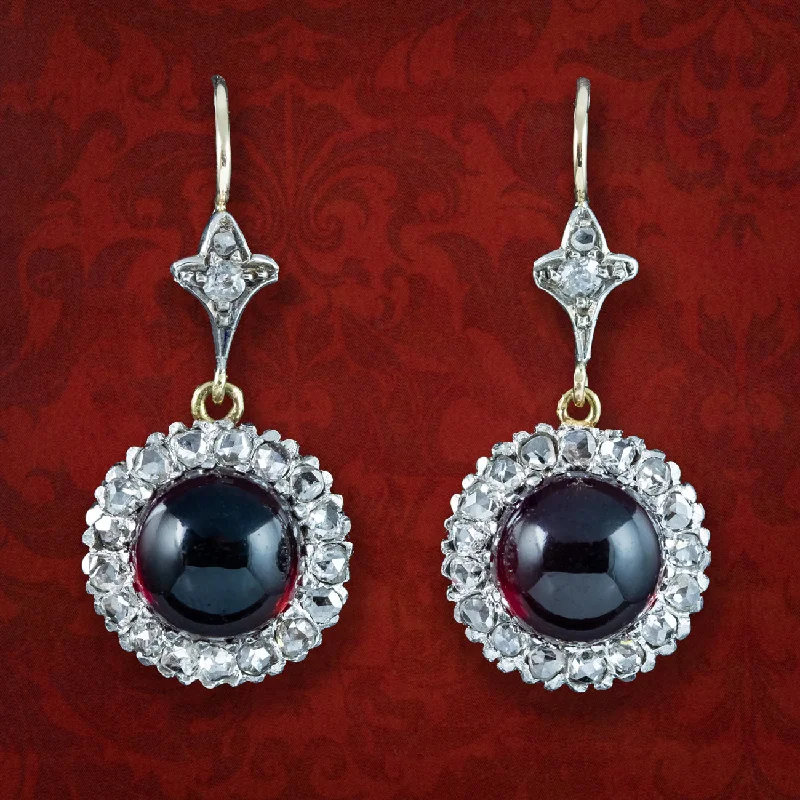 Antique Edwardian Garnet Diamond Daisy Drop Earrings 15ct Gold