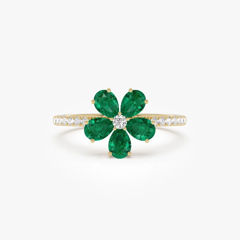 14K Five-Leaf Emerald and Diamond Ring