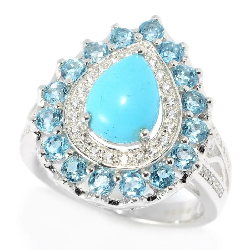 Sterling Silver Turquoise & Multi Color Topaz Double Halo Ring