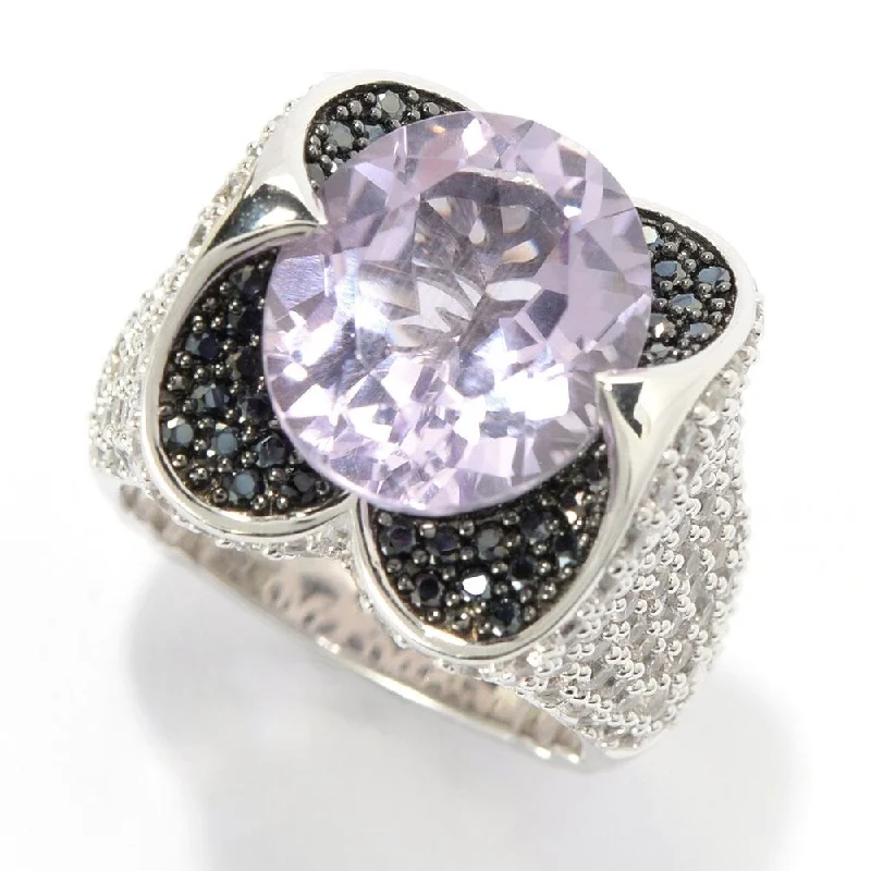 Sterling Silver 9.31ct Pink Amethyst White Zircon and Black Spinel Ring