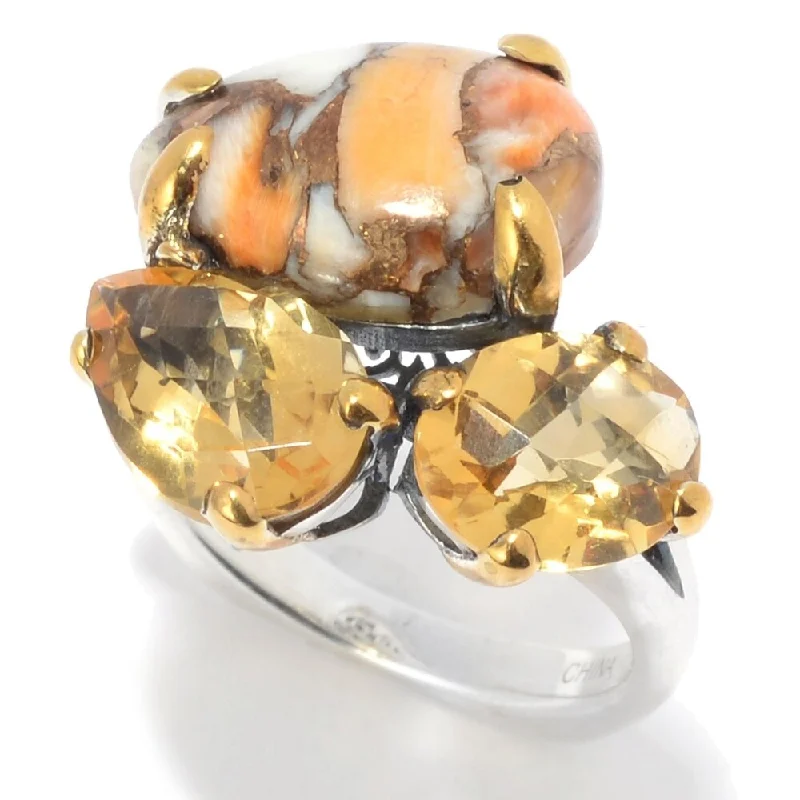 925 Sterling Silver Citrine and Orange Spiny Ring