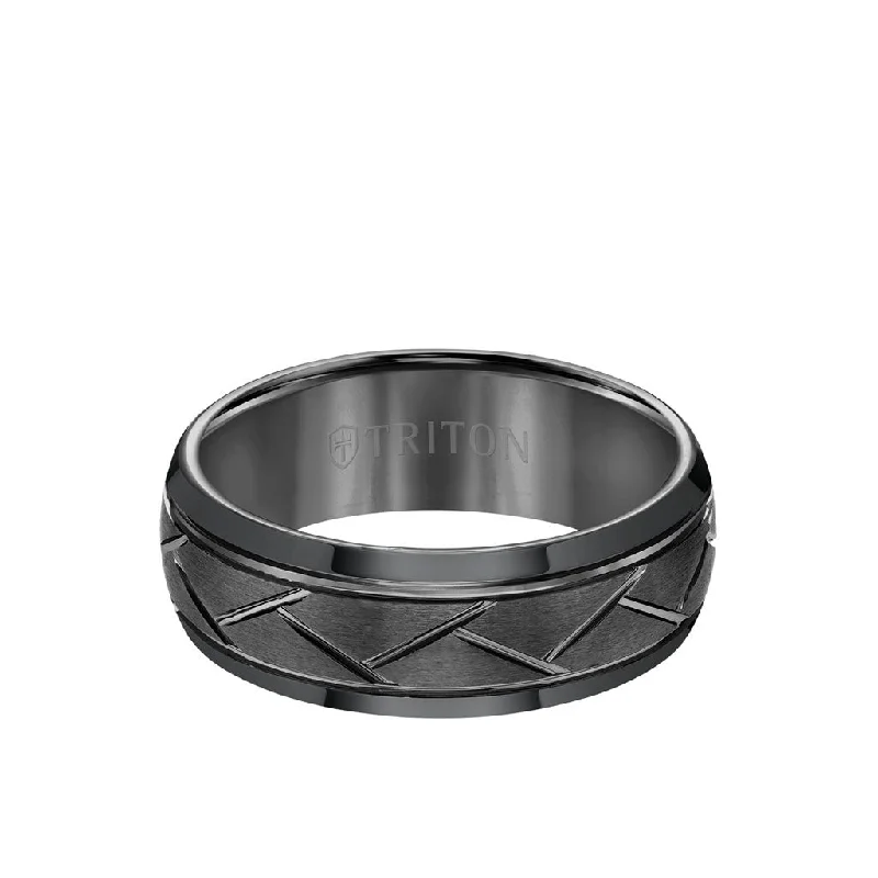 8MM Tungsten Carbide Ring - Domed Alternating Diagonal Cuts and Bevel Edge