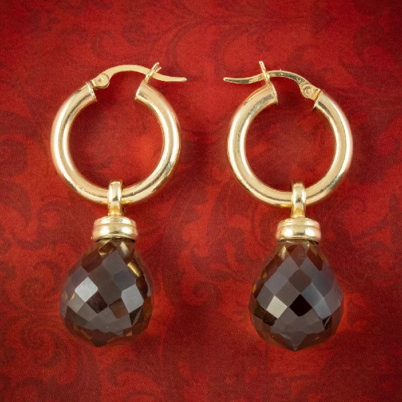 Vintage Smoky Quartz Night And Day Drop Earrings 14ct Gold