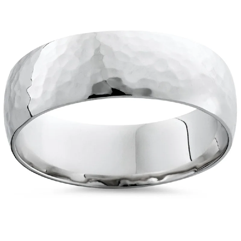 Pompeii3 10k White Gold Mens Hammered High Polished 7mm Ring Wedding Band