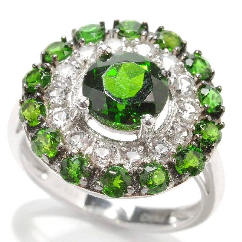 925 Sterling Silver Chrome Diopside and White Topaz Ring