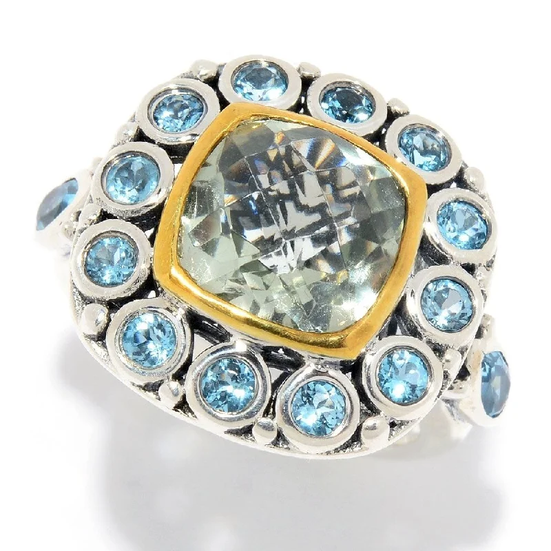 925 Sterling Silver Swiss Blue Topaz and Green Amethyst Ring