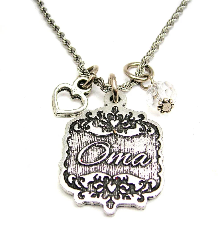 Oma Victorian Scroll With Open Heart And Crystal 20" Stainless Steel Rope Necklace