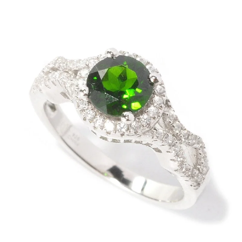 925 Sterling Silver Chrome Diopside and White Natural Zircon Ring