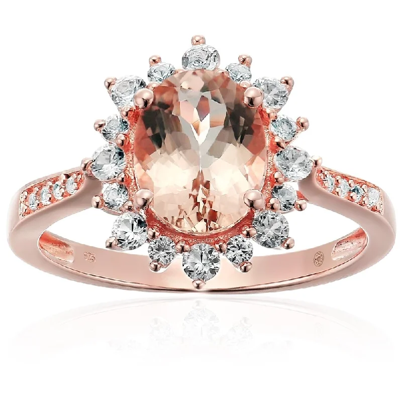 Rose Gold-plated Silver Morganite, Created White Sapphire Ring, Size 7 - Pink