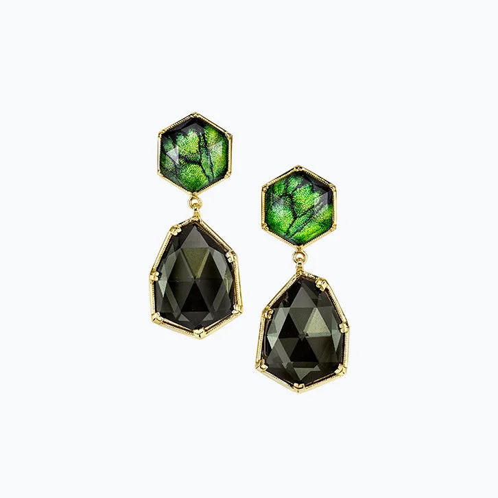 Peridot Color Butterfly Wing Spencer Portrait Earrings and Lemon Hematite Drops