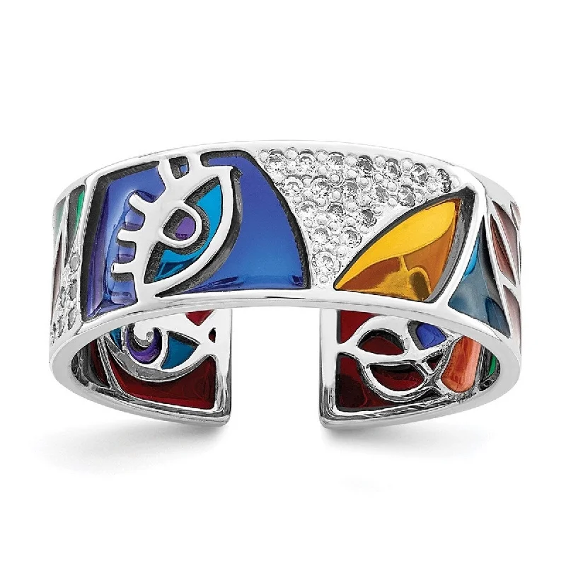 Curata 925 Sterling Silver Rhod Plated Abstract Evil Eye Enamel and CZ Cubic Zirconia Cuff Ring