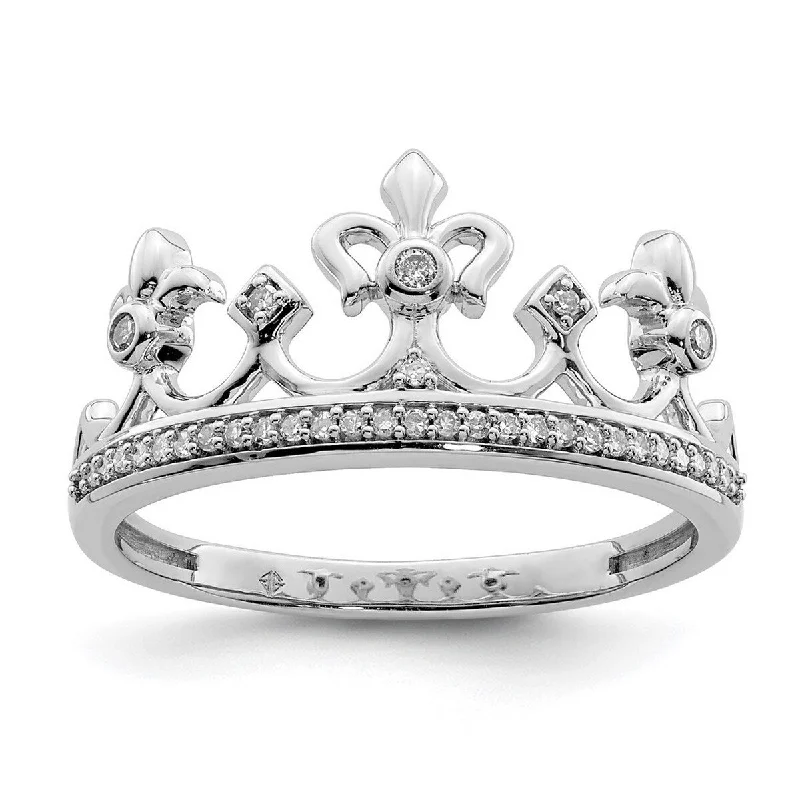 Curata 925 Sterling Silver Polished Prong set Open back Rhodium Plated Diamond Crown Ring