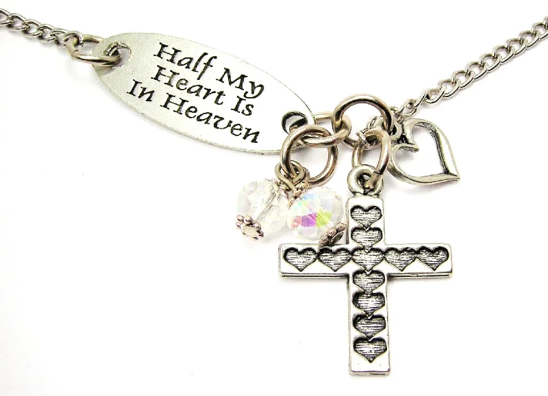 Half My Heart Is In Heaven And Hearts All Over A Cross Lariat Necklace